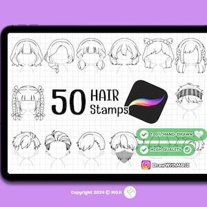 50 Chibi Hair Stamps for Procreate, character, Anime, Figure, Brushes, Chibi, Twitch Emotes, Discord, hair