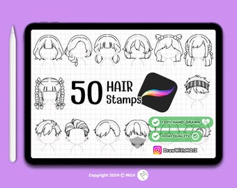 50 Chibi Hair Stamps for Procreate, character, Anime, Figure, Brushes, Chibi, Twitch Emotes, Discord, hair
