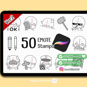 Puede incluir: Una ilustración digital de 50 emojis de personajes dibujados a mano. Los emojis son en blanco y negro y presentan diferentes expresiones faciales y poses. El texto "Ver.2", "OK", "50 EMOTE Stamps", "100% HAND-DRAWN", "HIGH QUALITY", y "DrawWithMOJI" también se incluye en la imagen.