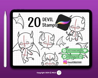 20 Chibi Devil Stamps for Procreate, Anime Figure, Brushes, Twitch Emotes, Discord, sketch, demon, wings, horn