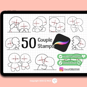 Może przedstawiać: Cyfrowa ilustracja 50 czarno-białych znaczków z parami. Znaczek przedstawiają proste rysunki liniowe par w różnych pozach. Tekst "50 Couple Stamps" jest napisany dużą, pogrubioną czcionką. Tekst "100% HAND-DRAWN" i "HIGH QUALITY" jest napisany w zielonych ramkach z zaznaczonymi ptaszkami. Tekst "DrawWithMOJI" jest napisany w kółku z ikoną Instagrama.