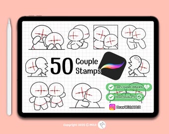 50 Couple Cute Doll Stamps for Procreate, Anime Figure, Brushes, Twitch Emotes, Discord, sketch, love, cute