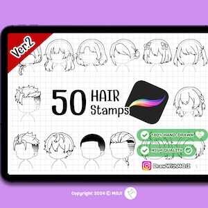 50 Chibi Hair (Ver.2) Stamps for Procreate, character, Anime, Figure, Brushes, Chibi, Twitch Emotes, Discord, hair