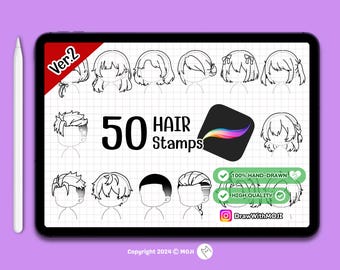 50 Chibi Hair (Ver.2) Stamps for Procreate, character, Anime, Figure, Brushes, Chibi, Twitch Emotes, Discord, hair