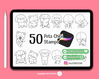 50 Pets Chibi Stamps for Procreate, character, Anime, Figure, Brushes, Chibi, Twitch Emotes, Discord, pets, dog, cat, puppy, kitty