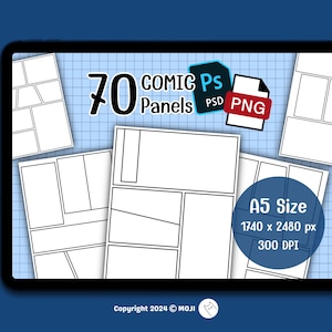 May include: A digital illustration of 70 comic book panels in various layouts. The panels are in black and white and are on a blue grid background. The text "70 Comic Panels" is in red and white. The text "PS PSD PNG" is in black and white. The text "A5 Size 1740 x 2480 px 300 DPI" is in black and white.
