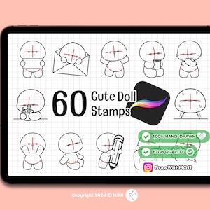 60 Chibi Cute Doll Stamps for Procreate, Anime Figure, Brushes, Twitch Emotes, Discord, sketch
