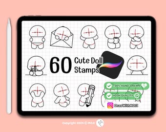 60 Chibi Cute Doll Stamps for Procreate, Anime Figure, Brushes, Twitch Emotes, Discord, sketch