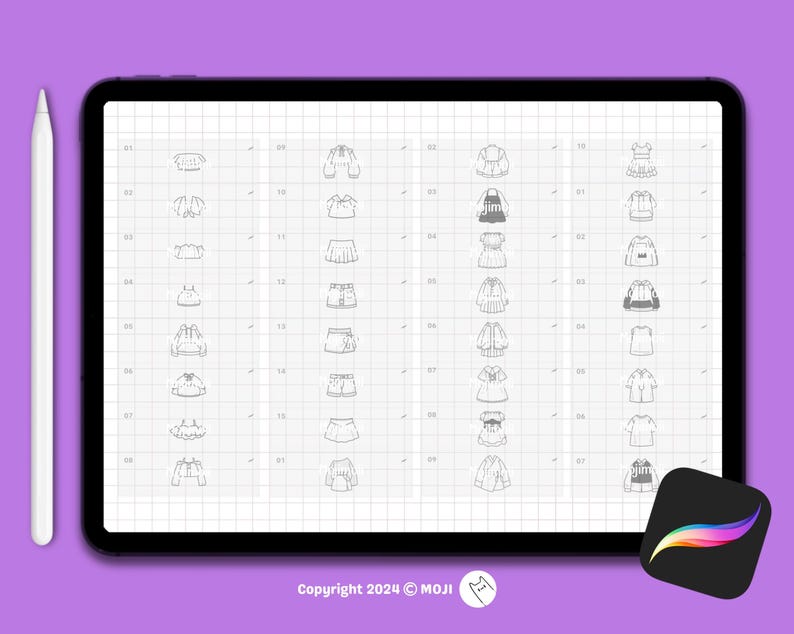 50 Chibi Outfit Stämplar för Procreate, Klädstämpel, Modedesign, Animefigur, Penslar, Twitch Emotes, Discord, Skiss, Klänning, Tröja bild 2