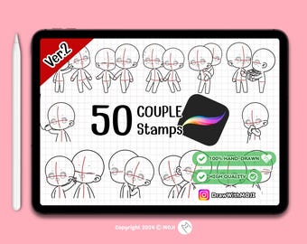50 Chibi Couple (Ver.2) Stamps for Procreate, Chibi character, Anime, Figure, Brushes, Twitch Emotes, Discord, couple, love, valentine