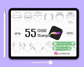 55 Chibi Accessories Stamps for Procreate, Anime, Figure, Brushes, Twitch Emotes, Discord, Hats, horns, animal ears, glasses, hair bows