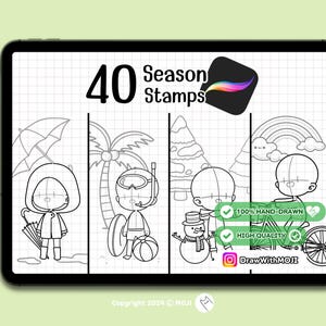 以下が含まれることがあります： デジタルアート用の手描きシーズンスタンプ40個セット。スタンプには、夏、秋、冬、春など、さまざまな季節の人物のイラストが描かれています。画像の上部には黒で「40 Season Stamps」というテキストが書かれています。「100% HAND-DRAWN」と「HIGH QUALITY」というテキストは、緑色でチェックマークが付けられています。「DrawWithMOJI」というテキストは、黒色でInstagramのアイコンが隣に書かれています。