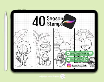 40 Chibi Four seasons Stamps for Procreate (summer, rainy, winter and spring), Anime Figure, Twitch Emotes, Discord, sketch, Brushes