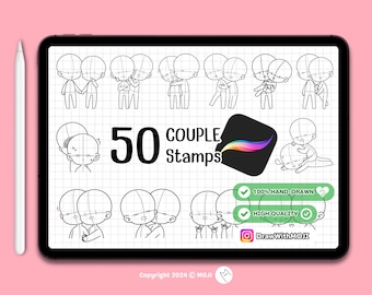 50 Chibi Couple Stamps for Procreate, Chibi character, Anime, Figure, Brushes, Chibi, Twitch Emotes, Discord, couple, love, valentine
