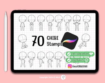 70 Chibi Full body Stamps for Procreate Ver.1 , chibi character, Procreate Brushes, Twitch Emotes, Discord, sketch, Anime Figure