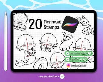 20 Chibi Mermaid Stamps for Procreate, brushes, Twitch Emotes, Discord, sketch, Anime Figure, under the sea, fish, starfish