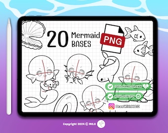 20 Chibi Mermaid PNG, bases, Twitch Emotes, Discord, sketch, Anime Figure, under the sea, fish, starfish