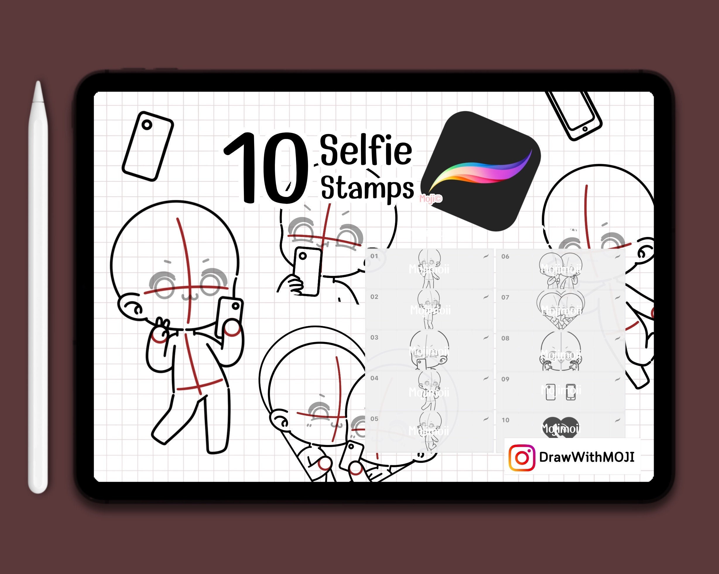 10 Chibi Selfie Stamps for Procreate – Cute Anime Character Brushes for Stickers, Emotes & Commissions