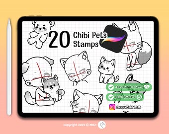 20 Chibi & Pets Stamps for Procreate, brushes, Twitch Emotes, Discord, sketch, Anime Figure, cat, dog, bear, tiger, animal ears