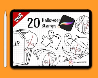 20 Halloween Chibi (Ver.2) Stamps for Procreate, Anime Figure, Brushes, Twitch Emotes, Discord, sketch, spooky season, pumpkin