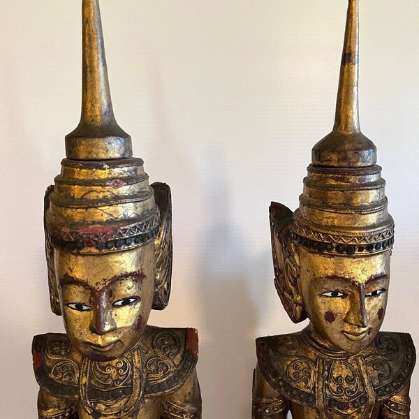Vintage Pair of Thai Teppanom Standing Guardian Angels Hand-carved and Gold Gilt