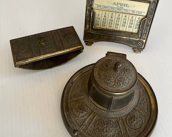 Vintage Brass Desk Set w/Calendar Blotter & Ink Well