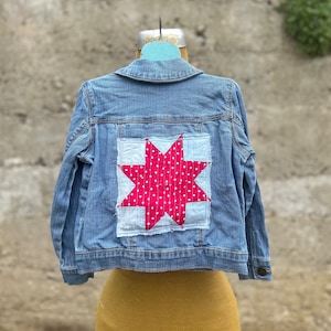 toddler girl denim jacket upcycled with vintage quilt block
