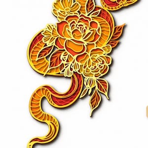 Puede incluir: Ilustración estilizada en capas de una serpiente entrelazada con flores y hojas. El diseño presenta un degradado de colores, que va del amarillo al naranja y al rojo. La cabeza de la serpiente es visible, con la lengua extendida.