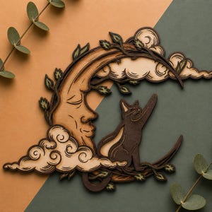 Cat on Moon Mandala SVG: Multilayer Laser Cut File (Digital Download)
