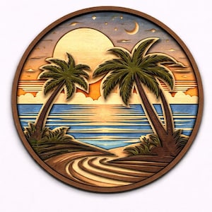 3D Beach Sunset SVG | Layered Palm Tree Laser Cut File | Multilayer Tropical Wall Art for CNC, Glowforge  Cricut