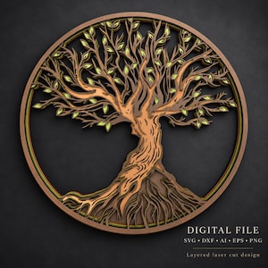 Könnte beinhalten: Ein kreisförmiges, mehrschichtiges Laser-Cut-Wandbild, das einen Baum mit braunen Ästen und hellgrünen Blättern zeigt. Das Design ist von einem runden Rahmen umschlossen. Unten rechts steht der Text: DIGITAL FILE SVG DXF AI EPS PNG.