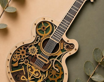 May include: Wooden guitar art piece with a steampunk design. The guitar features intricate layers of gears, filigree, and a natural wood finish. The background is a mix of beige and green, with sprigs of greenery.