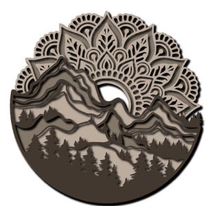 May include: A circular multi-layered wall art piece featuring a dark brown silhouette of a forest at the base, layered mountain ranges in the center, and an intricate, light brown mandala pattern radiating from the top half of the design.