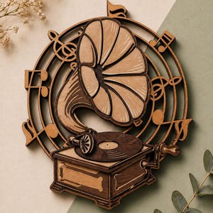 May include: Wooden wall art featuring a vintage gramophone design. The artwork is crafted from layered wood, showcasing a detailed gramophone with a horn, record, and musical notes. The color palette includes shades of brown and beige.