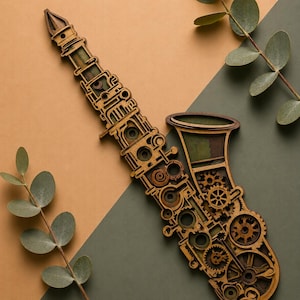May include: Wooden saxophone with a steampunk design. The instrument is made of layered wood, featuring intricate gear and cog details. The colour palette includes shades of brown, green, and gold. The saxophone is positioned diagonally against a two-tone background.