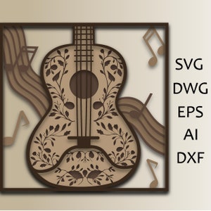 Gitaar meerlagig/gesneden bestand/3D-laag/multiplex snijden/papier snijden/SVG-bestand/3D-mandala multiplex/laserbestand/sklejka