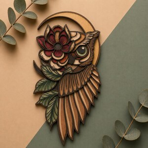 May include: A layered wooden owl art piece with a flower and crescent moon design. The owl features brown, tan, and green tones, with a red and cream-colored flower. The artwork is set against a tan and green background.