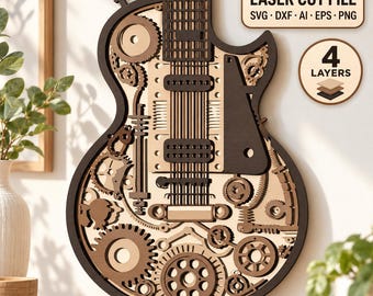 May include: A multi-layered laser cut file of an electric guitar design featuring mechanical gear motifs. The artwork consists of four distinct layers in shades of dark brown and light tan wood. Text includes LASER CUT FILE SVG DXF AI EPS PNG and 4 LAYERS.