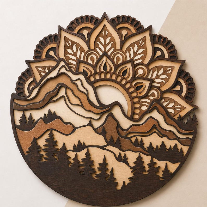 May include: A circular multi-layered wooden wall art piece featuring a mountain landscape with a forest of pine trees in the foreground. The design incorporates a sunburst mandala pattern in shades of dark brown, medium brown, and light beige wood.
