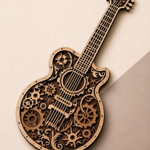 Puede incluir: Decoración de pared con forma de guitarra de madera con diseño steampunk. El diseño incorpora intrincados recortes de engranajes y piñones, con elementos decorativos. El cuerpo y el mástil de la guitarra están hechos de madera marrón clara y oscura, creando un efecto de capas.