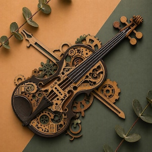 Puede incluir: Un violín de madera con intrincados recortes en forma de engranajes y detalles en marrón oscuro. El instrumento está rodeado de engranajes de madera adicionales y una llave, sobre un fondo de dos tonos beige y verde. También hay ramitas decorativas de vegetación.