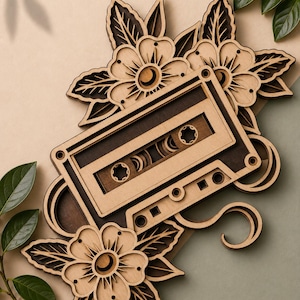 Puede incluir: Un diseño de cinta de cassette de madera con detalles florales. La cinta es de color marrón claro con detalles en marrón oscuro, y está rodeada de flores y hojas cortadas con láser. El diseño es en capas, creando un efecto 3D. El fondo es beige y verde neutro.