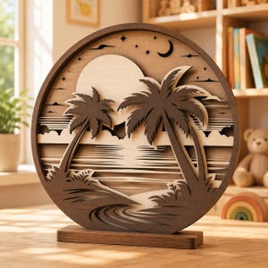 3D Beach Sunset SVG | Layered Palm Tree Laser Cut File | Multilayer Tropical Wall Art for CNC, Glowforge  Cricut