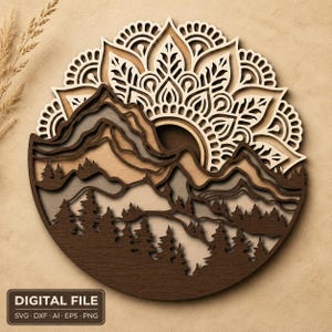 May include: A circular multi-layered wooden wall art piece featuring a mountain landscape with pine trees in the foreground and a detailed mandala pattern above the peaks. The design uses varying shades of brown wood, and includes the text DIGITAL FILE SVG DXF AI EPS PNG.