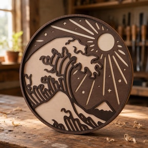 May include: A round wooden wall art piece featuring a wave design, sun, and stars. The artwork is made of dark brown wood with a light beige background. The design is reminiscent of Japanese art.