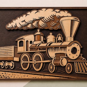 May include: A wooden wall art piece featuring a detailed, layered depiction of a vintage steam train. The artwork showcases the train's engine, cars, and billowing smoke against a dark brown background, framed in a darker wood.