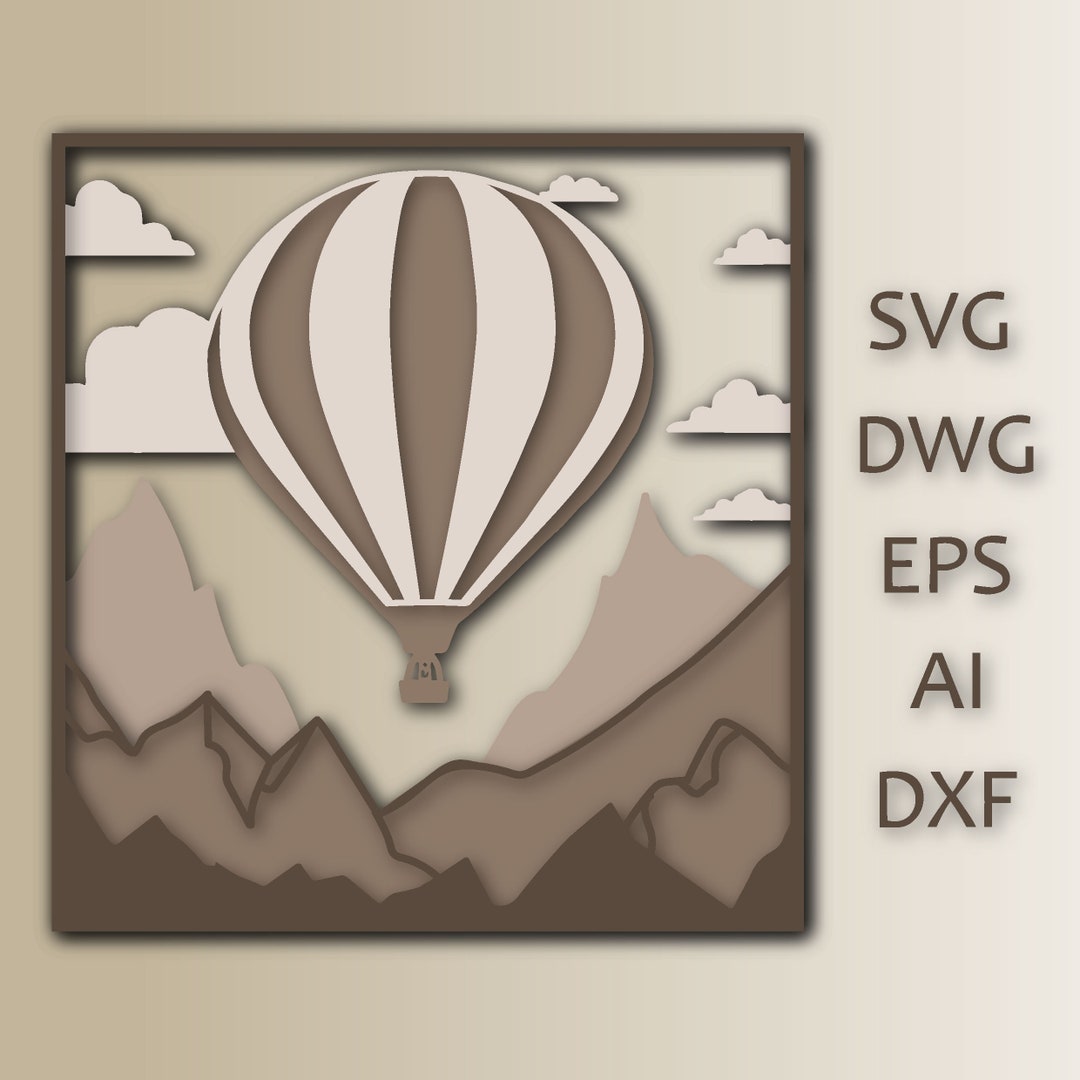Laser Cut Hot Air Balloon SVG: Mountain Landscape Wall Art (digital ...