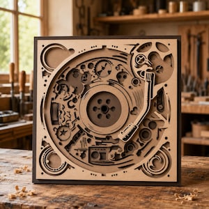 Könnte beinhalten: Ein mehrschichtiges Holzkunstwerk, das einen Vintage-Plattenspieler mit aufwendigen Ausschnitten darstellt. Das Kunstwerk zeigt Zahnräder, einen Plattenteller und einen Tonarm, alles in einem quadratischen Rahmen. Die Farbpalette besteht hauptsächlich aus natürlichen Holztönen.