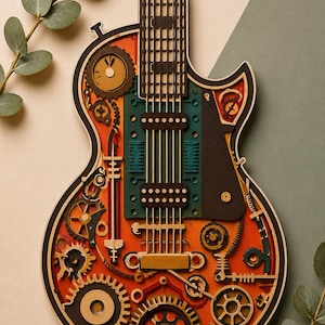 Puede incluir: Escultura de guitarra de madera en capas con estética steampunk. El diseño incorpora engranajes y elementos mecánicos en tonos naranja, turquesa y marrón. El cuerpo de la guitarra está delineado en negro, con acabado de madera natural.