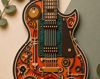 May include: A layered wooden guitar sculpture with a steampunk aesthetic. The design incorporates gears, dials, and other mechanical elements in shades of orange, teal, and brown. The guitar's body is outlined in black, and the background is a neutral beige and green.